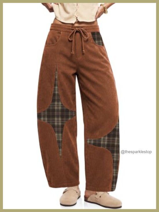 Pants - Women's Corduroy Barrel Leg Pants High Waist Drawstring Wide Leg Casual